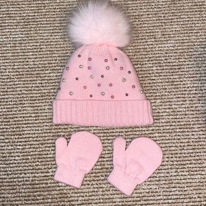 Pink Pom beaded hat and mittens 6-12 months